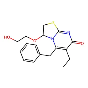 7H-Thiazolo(3,2-a)pyrimidin-7-one, 6-ethyl-2,3-dihydro-3-(2-hydroxyethoxy)-5-(phenylmethyl)- structure