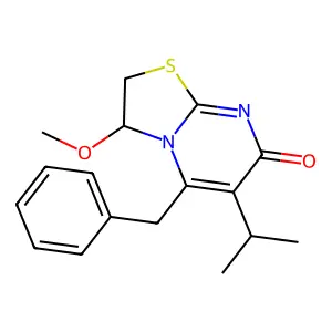 7H-Thiazolo(3,2-a)pyrimidin-7-one, 2,3-dihydro-3-methoxy-6-(1-methylethyl)-5-(phenylmethyl)- structure