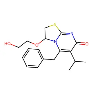 7H-Thiazolo(3,2-a)pyrimidin-7-one, 2,3-dihydro-3-(2-hydroxyethoxy)-6-(1-methylethyl)-5-(phenylmethyl)- structure