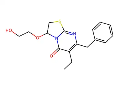 5H-Thiazolo(3,2-a)pyrimidin-5-one, 6-ethyl-2,3-dihydro-3-(2-hydroxyethoxy)-7-(phenylmethyl)- structure