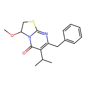5H-Thiazolo(3,2-a)pyrimidin-5-one, 2,3-dihydro-3-methoxy-6-(1-methylethyl)-7-(phenylmethyl)- structure