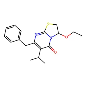 5H-Thiazolo(3,2-a)pyrimidin-5-one, 3-ethoxy-2,3-dihydro-6-(1-methylethyl)-7-(phenylmethyl)- structure