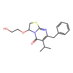 5H-Thiazolo(3,2-a)pyrimidin-5-one, 2,3-dihydro-3-(2-hydroxyethoxy)-6-(1-methylethyl)-7-(phenylmethyl)- structure