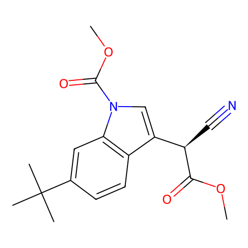 methyl 6-tert-butyl-3-[(1S)-1-cyano-2-methoxy-2-oxoethyl]indole-1-carboxylate structure