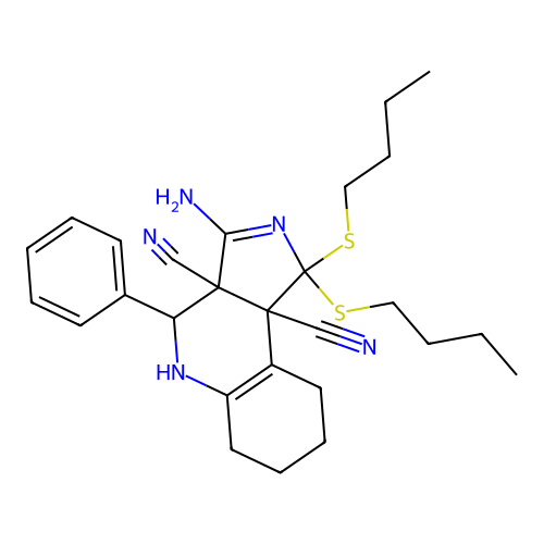 3-amino-1,1-bis(butylsulfanyl)-4-phenyl-4,5,6,7,8,9-hexahydro-1H-pyrrolo[3,4-c]quinoline-3a,9b-dicarbonitrile structure