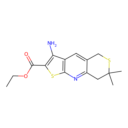 Ethyl 3-amino-7,7-dimethyl-7,8-dihydro-5H-thieno[2,3-b]thiopyrano[3,4-E]pyridine-2-carboxylate structure