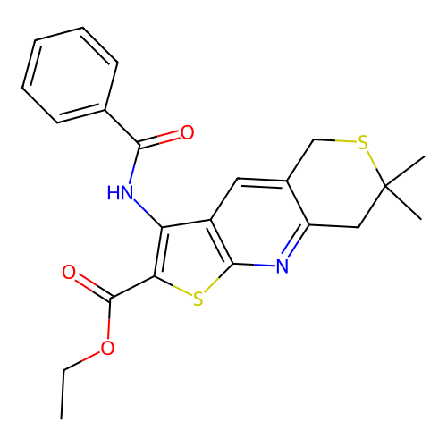 ethyl 3-benzamido-7,7-dimethyl-7,8-dihydro-5H-thieno[2,3-b]thiopyrano[3,4-e]pyridine-2-carboxylate structure