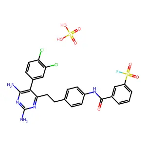 3-[[4-[2-[2,6-diamino-5-(3,4-dichlorophenyl)pyrimidin-4-yl]ethyl]phenyl]carbamoyl]benzenesulfonyl fluoride; sulfuric acid structure