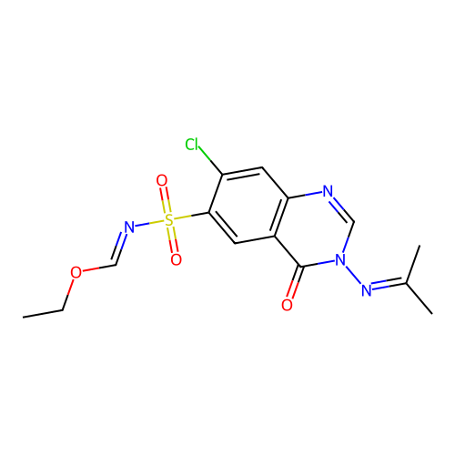 ethyl{[7-chloro-4-oxo-3-(propan-2-ylideneamino)-3,4-dihydroquinazolin-6-yl]sulfonyl}imidoformate structure