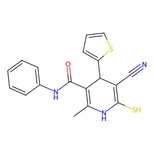 5-cyano-2-methyl-N-phenyl-6-sulfanyl-4-thiophen-2-yl-1,4-dihydropyridine-3-carboxamide structure