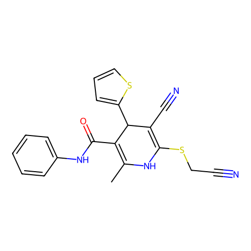 5-cyano-6-((cyanomethyl)thio)-2-methyl-N-phenyl-4-(thiophen-2-yl)-1,4-dihydropyridine-3-carboxamide structure