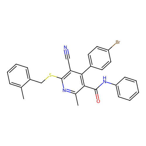 4-(4-bromophenyl)-5-cyano-2-methyl-6-((2-methylbenzyl)thio)-N-phenylnicotinamide structure