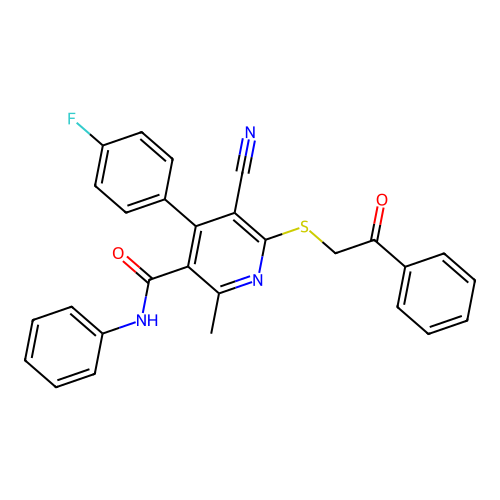 5-cyano-4-(4-fluorophenyl)-2-methyl-6-((2-oxo-2-phenylethyl)thio)-N-phenylnicotinamide structure