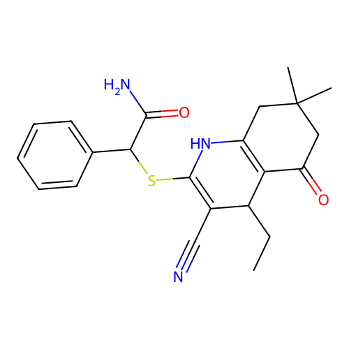 2-((3-cyano-4-ethyl-7,7-dimethyl-5-oxo-1,4,5,6,7,8-hexahydroquinolin-2-yl)thio)-2-phenylacetamide structure
