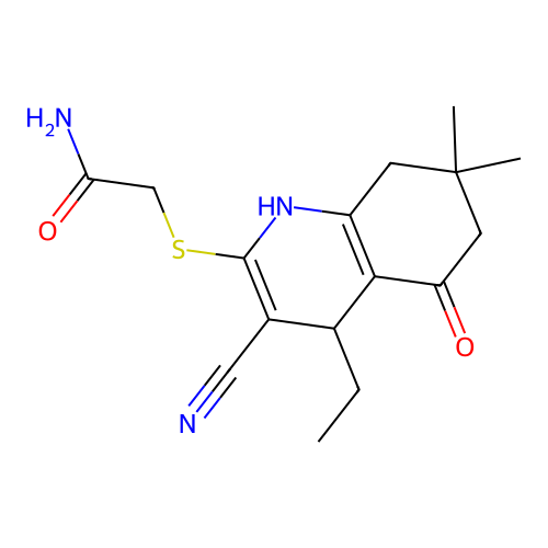2-[(3-cyano-4-ethyl-7,7-dimethyl-5-oxo-1,4,6,8-tetrahydroquinolin-2-yl)sulfanyl]acetamide structure