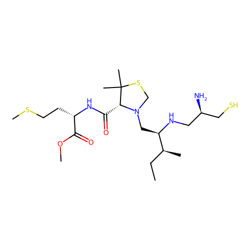 L-Methionine, N-(((4R)-3-((2S,3S)-2-(((2R)-2-amino-3-mercaptopropyl)amino)-3-methylpentyl)-5,5-dimethyl-4-thiazolidinyl)carbonyl)-, methyl ester structure