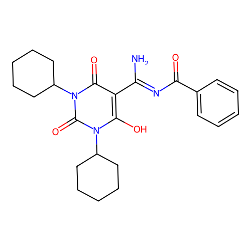 N-[amino-(1,3-dicyclohexyl-2,4,6-trioxo-1,3-diazinan-5-ylidene)methyl]benzamide structure