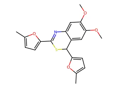 6,7-dimethoxy-2,4-bis(5-methylfuran-2-yl)-4H-3,1-benzothiazine structure
