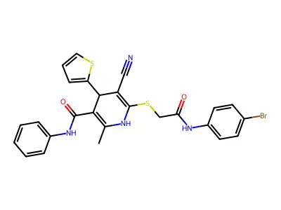 6-[2-(4-bromoanilino)-2-oxoethyl]sulfanyl-5-cyano-2-methyl-N-phenyl-4-thiophen-2-yl-1,4-dihydropyridine-3-carboxamide structure