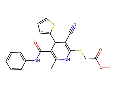 methyl 2-((3-cyano-6-methyl-5-(phenylcarbamoyl)-4-(thiophen-2-yl)-1,4-dihydropyridin-2-yl)thio)acetate structure