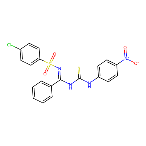 1-[(E)-N-(4-chlorophenyl)sulfonyl-C-phenylcarbonimidoyl]-3-(4-nitrophenyl)thiourea structure