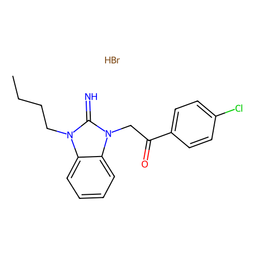 2-(3-butyl-2-imino-2,3-dihydro-1H-benzo[d]imidazol-1-yl)-1-(4-chlorophenyl)ethanone hydrobromide structure