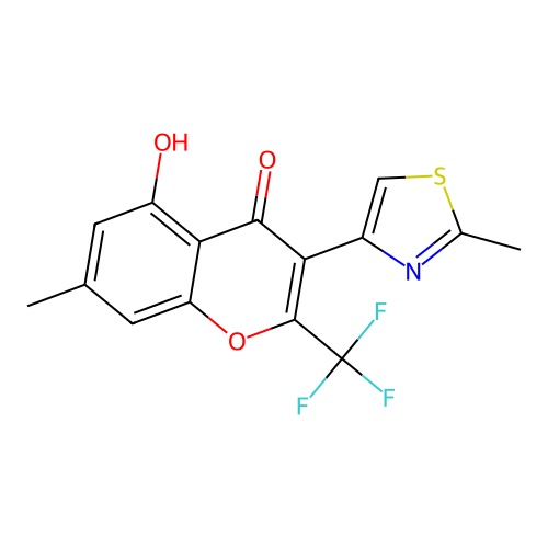 5-hydroxy-7-methyl-3-(2-methyl-1,3-thiazol-4-yl)-2-(trifluoromethyl)-4H-chromen-4-one structure