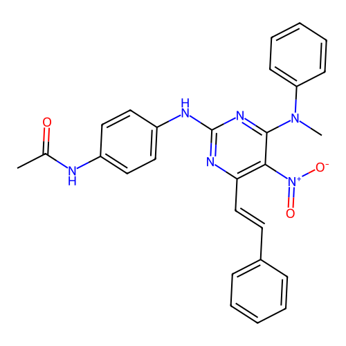 (E)-N-(4-((4-(methyl(phenyl)amino)-5-nitro-6-styrylpyrimidin-2-yl)amino)phenyl)acetamide structure