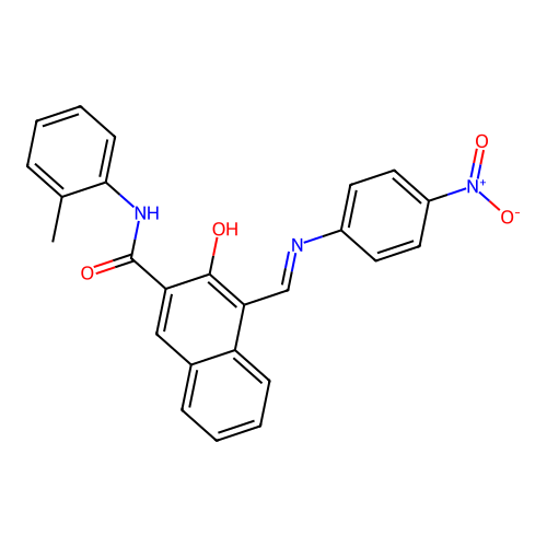 (E)-3-hydroxy-4-(((4-nitrophenyl)imino)methyl)-N-(o-tolyl)-2-naphthamide structure