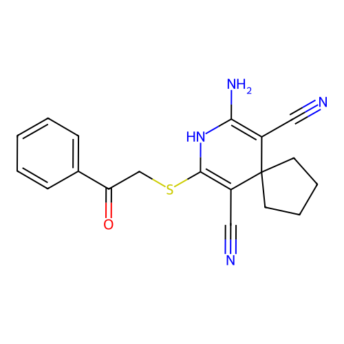7-Amino-9-(phenacylthio)-8-azaspiro[4.5]deca-6,9-diene-6,10-dicarbonitrile structure