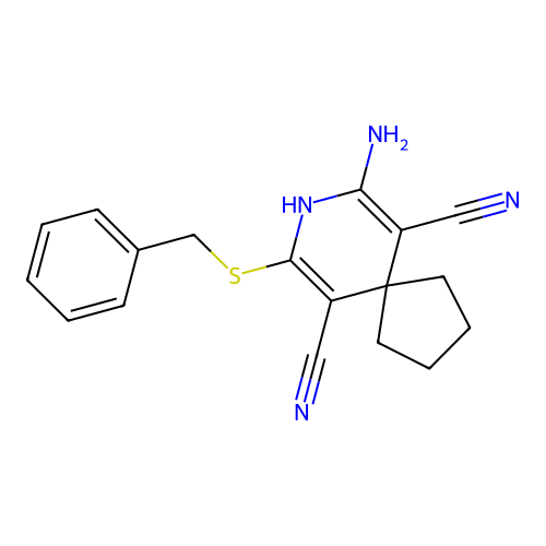 7-Amino-9-(benzylsulfanyl)-8-azaspiro[4.5]deca-6,9-diene-6,10-dicarbonitrile structure