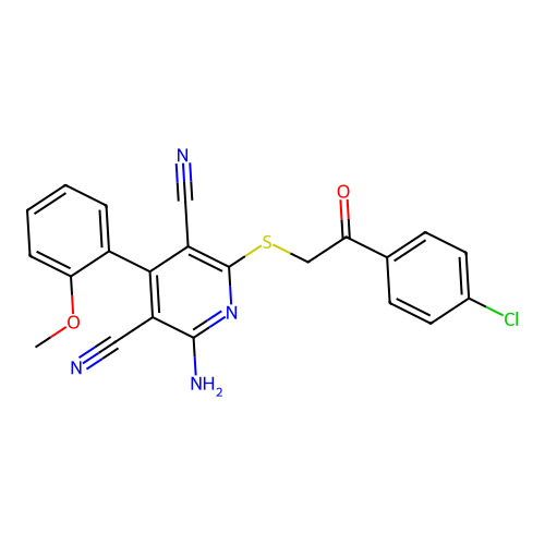 6-Amino-3,5-dicyano-4(-2-methoxyphenyl)-2-(4-chlorobenzoylmethylthio)pyridine structure