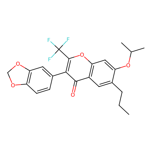 3-(benzo[d][1,3]dioxol-5-yl)-7-isopropoxy-6-propyl-2-(trifluoromethyl)-4H-chromen-4-one structure