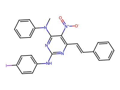 2-N-(4-iodophenyl)-4-N-methyl-5-nitro-4-N-phenyl-6-[(E)-2-phenylethenyl]pyrimidine-2,4-diamine structure