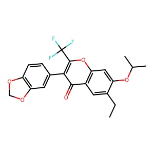 3-(benzo[d][1,3]dioxol-5-yl)-6-ethyl-7-isopropoxy-2-(trifluoromethyl)-4H-chromen-4-one structure