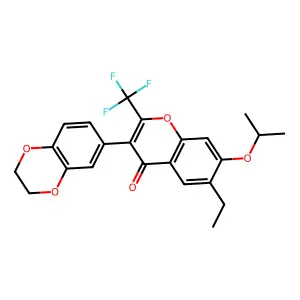 3-(2,3-dihydrobenzo[b][1,4]dioxin-6-yl)-6-ethyl-7-isopropoxy-2-(trifluoromethyl)-4H-chromen-4-one structure