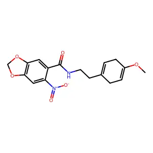 n-[2-(4-methoxycyclohexa-1,4-dien-1-yl)ethyl]-6-nitro-1,3-benzodioxole-5-carboxamide structure