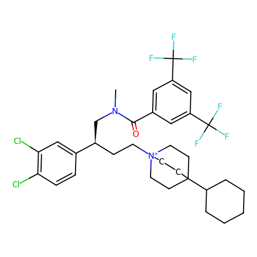1-[(3S)-4-[{[3,5-bis(trifluoromethyl)phenyl]carbonyl}(methyl)amino]-3-(3,4-dichlorophenyl)butyl]-4-cyclohexyl-1-azoniabicyclo[2.2.2]octane structure