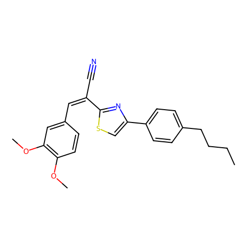 (Z)-2-(4-(4-butylphenyl)thiazol-2-yl)-3-(3,4-dimethoxyphenyl)acrylonitrile structure