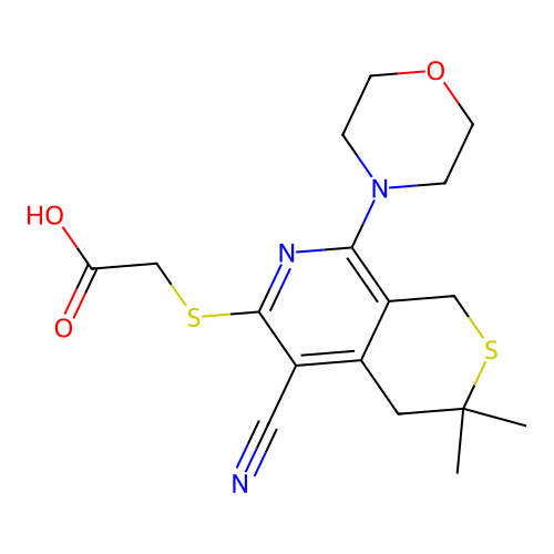 2-((5-cyano-3,3-dimethyl-8-morpholino-3,4-dihydro-1H-thiopyrano[3,4-c]pyridin-6-yl)thio)acetic acid structure