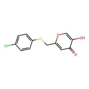 2-(((4-chlorophenyl)thio)methyl)-5-hydroxy-4H-pyran-4-one structure