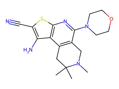 1-amino-7,8,8-trimethyl-5-morpholin-4-yl-6,9-dihydrothieno[2,3-c][2,7]naphthyridine-2-carbonitrile structure