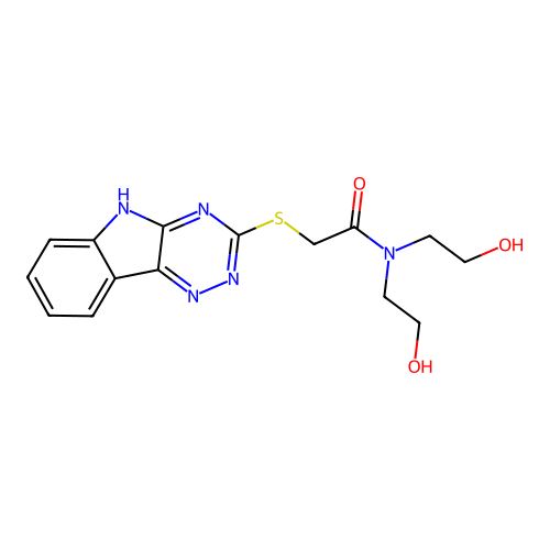 N,N-bis(2-hydroxyethyl)-2-(5H-[1,2,4]triazino[5,6-b]indol-3-ylsulfanyl)acetamide structure