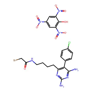 2-bromo-N-[4-[2,6-diamino-5-(4-chlorophenyl)pyrimidin-4-yl]butyl]acetamide; 2,4,6-trinitrophenol structure