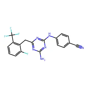 Benzonitrile, 4-((4-amino-6-((2-fluoro-6-(trifluoromethyl)phenyl)methyl)-1,3,5-triazin-2-yl)amino)- structure