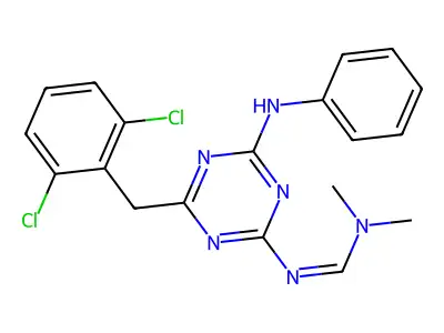 4-[[4-[(2,6-dichlorophenyl)methyl] -6-[[(dimethylamino)methylene] amino] -1,3,5-triazin-2-yl]amino]benzonitrile structure