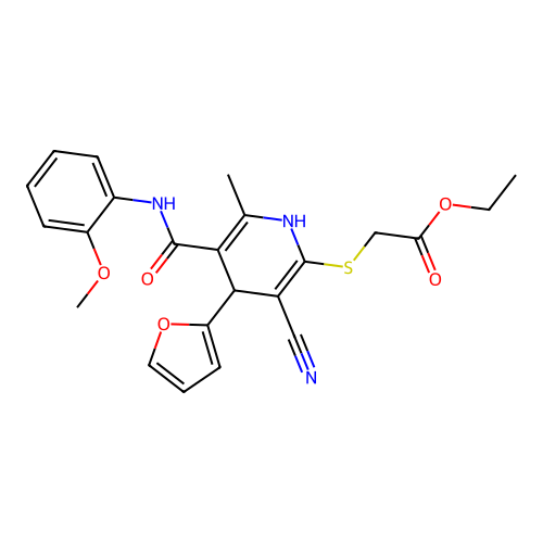 ethyl ({3-cyano-4-(furan-2-yl)-5-[(2-methoxyphenyl)carbamoyl]-6-methyl-1,4-dihydropyridin-2-yl}sulfanyl)acetate structure