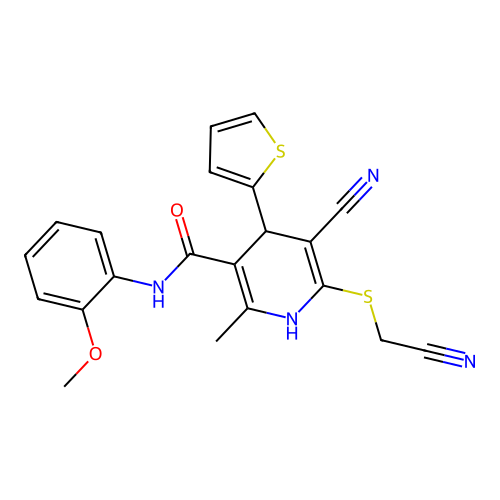 5-cyano-6-((cyanomethyl)thio)-N-(2-methoxyphenyl)-2-methyl-4-(thiophen-2-yl)-1,4-dihydropyridine-3-carboxamide structure