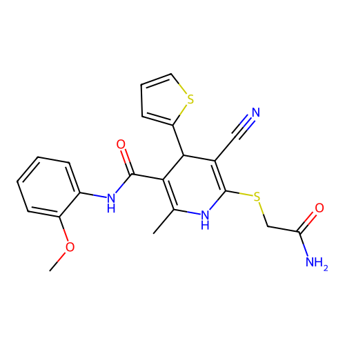 6-((2-amino-2-oxoethyl)thio)-5-cyano-N-(2-methoxyphenyl)-2-methyl-4-(thiophen-2-yl)-1,4-dihydropyridine-3-carboxamide structure