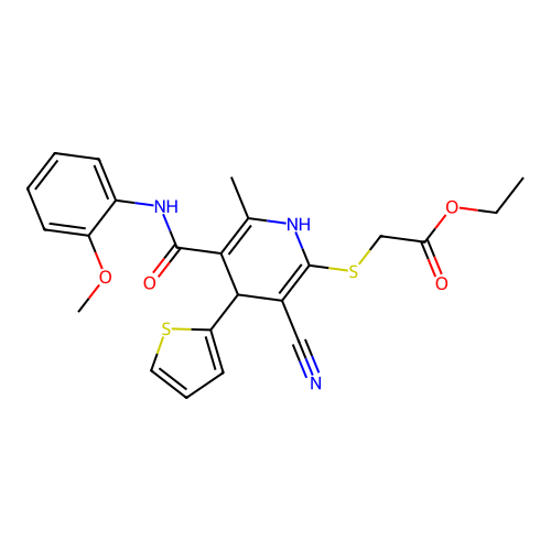 ethyl ({3-cyano-5-[(2-methoxyphenyl)carbamoyl]-6-methyl-4-(thiophen-2-yl)-1,4-dihydropyridin-2-yl}sulfanyl)acetate structure